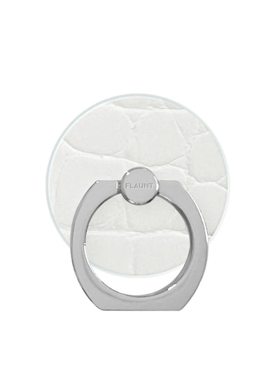 White crocodile textured adhesive phone ring stand with gray metal base and rotating circular grip.
