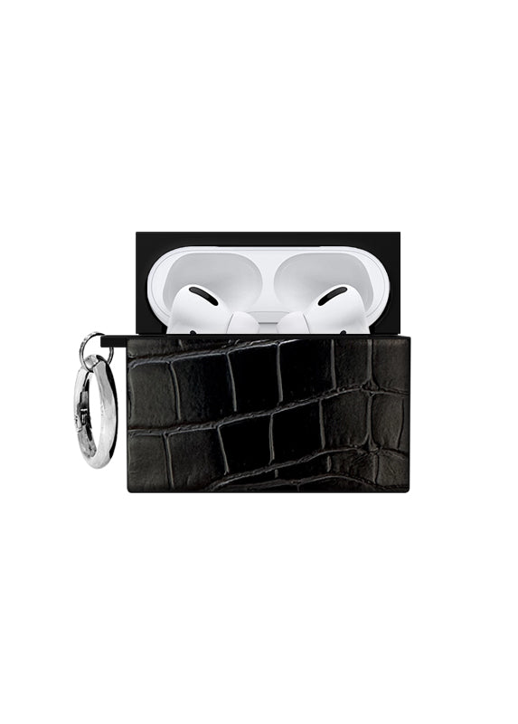 Black Crocodile Faux Leather SQUARE AirPods Case | FLAUNT