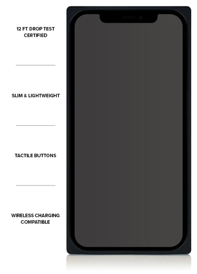 Black iPhone case with rounded corners and notch cutout for camera, featuring textured edges.
