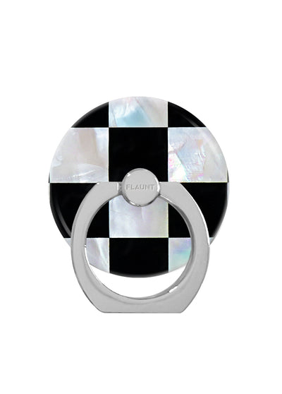 Circular phone ring stand with black and white checkered pattern, silver-tone metal ring base, and iridescent mother of pearl