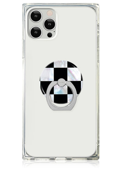 Clear phone case with checkered mother of pearl ring stand in black and white pattern.