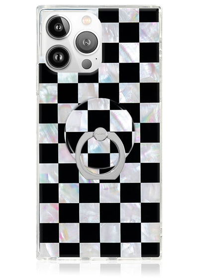 Clear phone case with black and iridescent mother-of-pearl checkered pattern and attached silver ring stand.