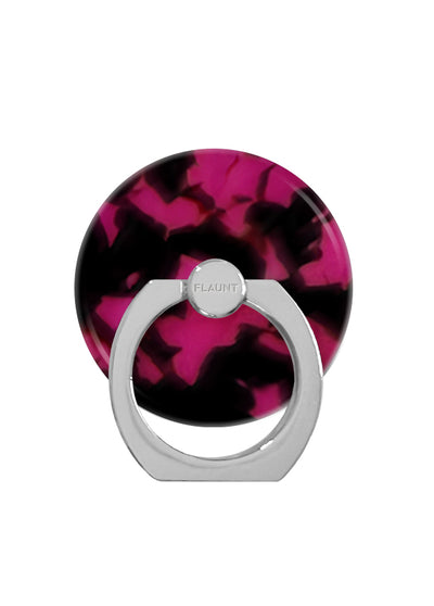 Circular phone ring stand with raspberry and black tortoise shell pattern, silver metal base, and center grip loop.