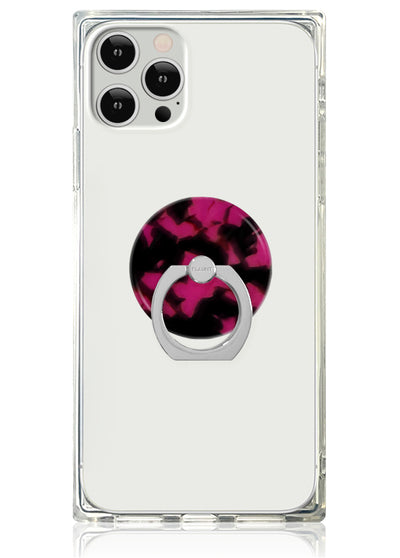 Clear phone case with raspberry tortoise shell patterned circular ring stand attached to back.
