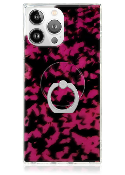 Clear phone case with raspberry and black tortoise shell pattern, silver ring stand attachment, fits camera cutout.