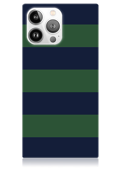 Navy & Green Rugby Stripe SQUARE iPhone Case #iPhone 16 Pro + MagSafe