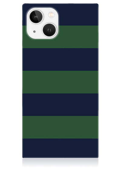 Navy & Green Rugby Stripe SQUARE iPhone Case #iPhone 15 Plus + MagSafe