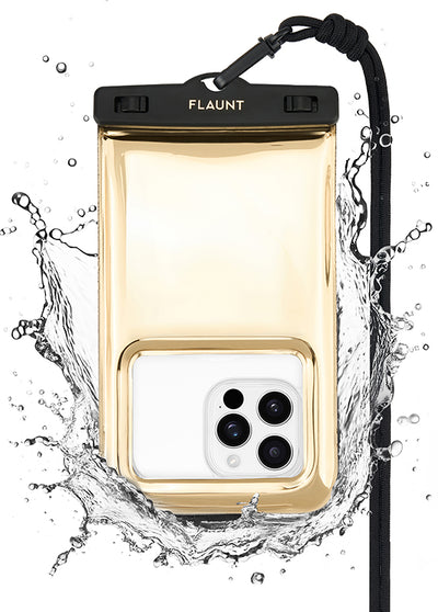 Gold-tinted waterproof phone pouch with black top seal and lanyard strap, displayed with water splashes.