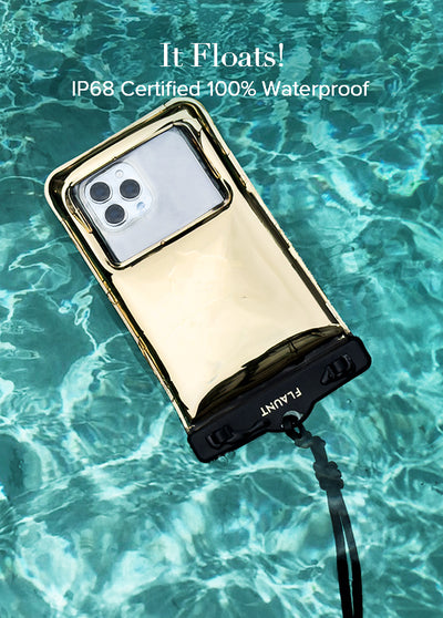Gold and black waterproof phone pouch with clear window floating in pool water with attached lanyard.