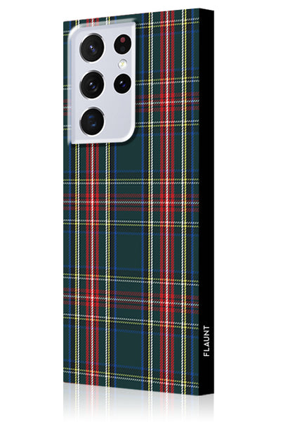 Phone case with green, red, and blue plaid pattern and square camera cutout for multi-lens smartphone.
