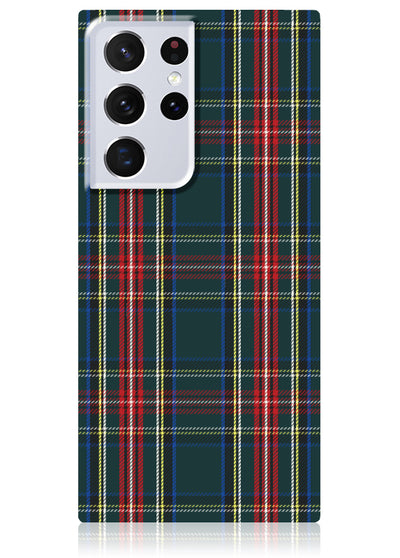 Phone case with green, red, and yellow plaid pattern and white back with five camera lenses.