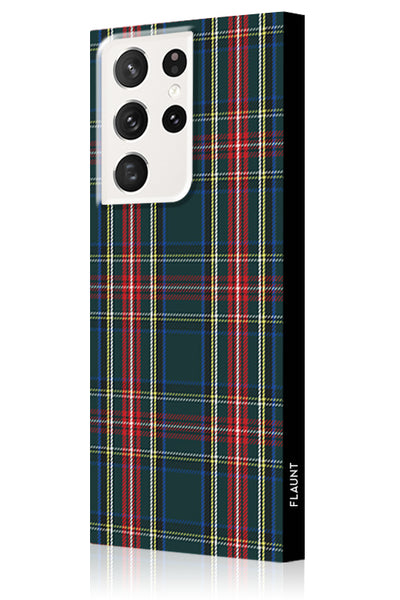 Phone case with green and red plaid pattern, featuring circular camera cutouts on white back panel.