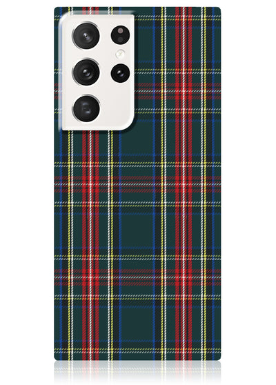 Green and red plaid smartphone case with five camera cutouts on white panel.