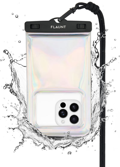 Clear holographic phone pouch with black top closure and black braided lanyard strap, surrounded by water splashes.