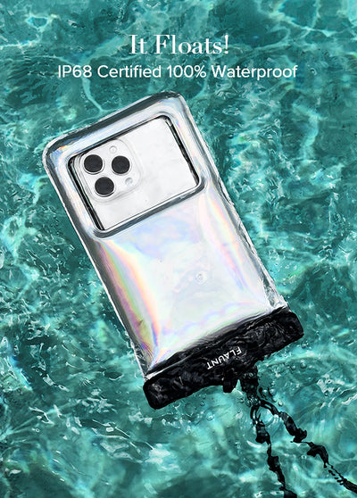 Clear holographic phone pouch with black strap floating in turquoise water.