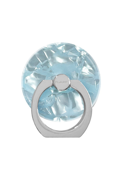Light blue translucent phone ring stand with silver metal base and center grip loop.