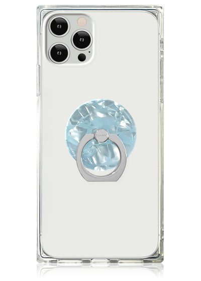 Clear phone case with icy blue pearl textured ring stand and silver metal band for iPhone.