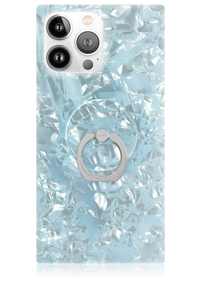iPhone case with icy blue pearl texture and circular metal ring stand attached to back.
