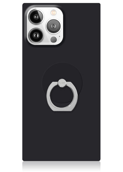 Black phone case with silver ring stand attached to back, shown on smartphone with camera module visible.