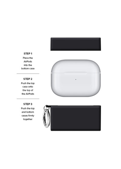 Matte black rectangular case with metal keyring shown with white AirPods Pro case in assembly steps.