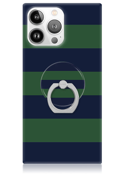 Soporte adhesivo para teléfono con anillo de rugby de rayas azul marino y verde