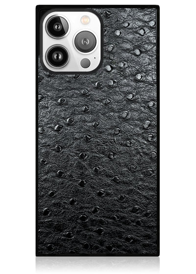 Black Ostrich Faux Leather Square iPhone Case #iPhone 15 Pro + MagSafe