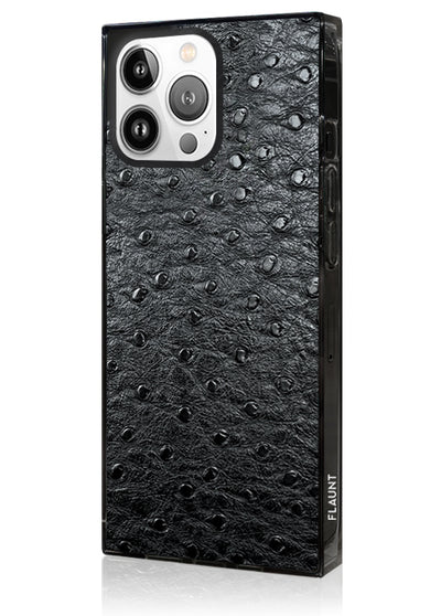 Black Ostrich Faux Leather Square iPhone Case #iPhone 15 Pro Max + MagSafe