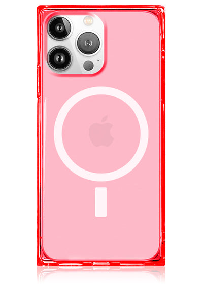 Clear Neon Pink Square iPhone Case #iPhone 14 Pro + MagSafe
