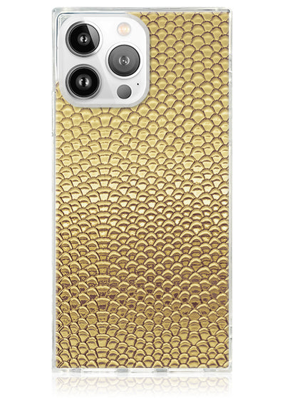 Gold Metallic Snakeskin Faux Leather Square iPhone Case #iPhone 14 Pro Max + MagSafe