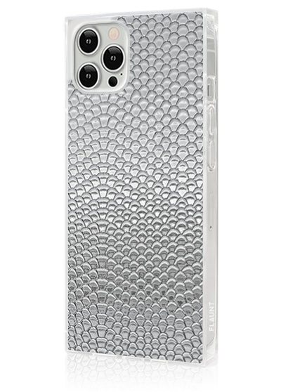 Silver Metallic Snakeskin Faux Leather Square iPhone Case #iPhone 12 / iPhone 12 Pro