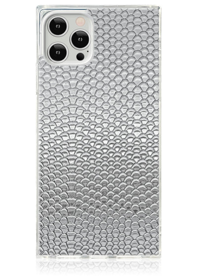 Silver Metallic Snakeskin Faux Leather Square iPhone Case #iPhone 12 / iPhone 12 Pro
