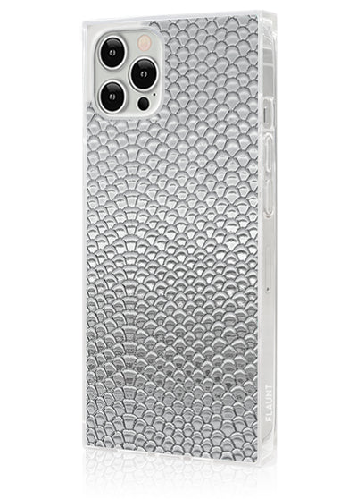 Silver Metallic Snakeskin Faux Leather Square iPhone Case #iPhone 12 Pro Max