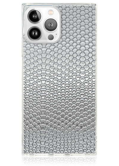 Silver Metallic Snakeskin Faux Leather Square iPhone Case #iPhone 13 Pro