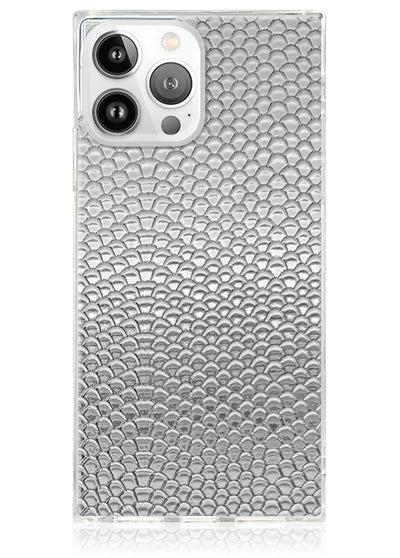 Silver Metallic Snakeskin Faux Leather Square iPhone Case #iPhone 13 Pro + MagSafe