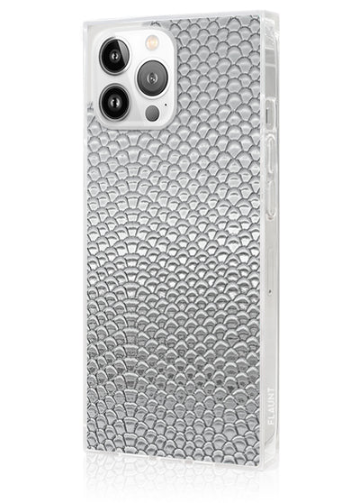 Silver Metallic Snakeskin Faux Leather Square iPhone Case #iPhone 13 Pro Max