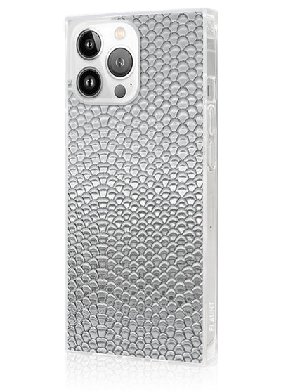 Silver Metallic Snakeskin Faux Leather Square iPhone Case #iPhone 14 Pro + MagSafe