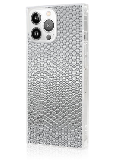 Silver Metallic Snakeskin Faux Leather Square iPhone Case #iPhone 14 Pro Max