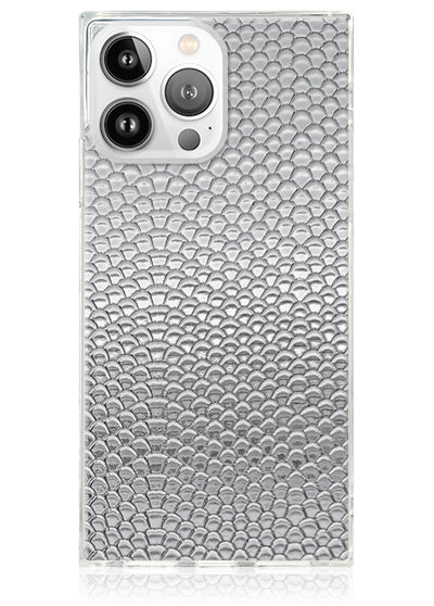 Silver Metallic Snakeskin Faux Leather Square iPhone Case #iPhone 14 Pro Max + MagSafe
