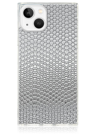 Silver Metallic Snakeskin Faux Leather Square iPhone Case #iPhone 15 Plus