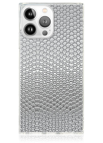 Silver Metallic Snakeskin Faux Leather Square iPhone Case #iPhone 15 Pro Max + MagSafe