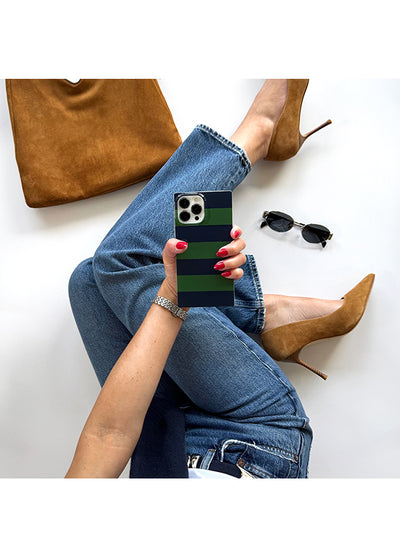 SQUARE® Navy & Green Rugby Stripe iPhone Case