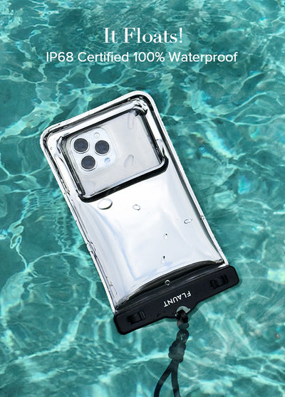 Silver and clear waterproof phone pouch with black trim and lanyard strap floating in pool water.