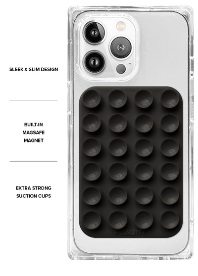Clear phone case with black suction cup grid panel and built-in MagSafe magnet attachment on back.