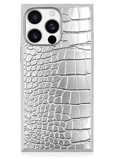 SQUARE Chromed Silver Faux Croc iPhone Case #iPhone 15 Pro Max + MagSafe, iPhone 15 Pro + MagSafe