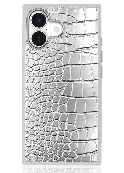 SQUARE Chromed Silver Faux Croc iPhone Case #iPhone 17 + MagSafe
