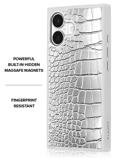 SQUARE Chromed Silver Faux Croc iPhone Case #iPhone 17 + MagSafe