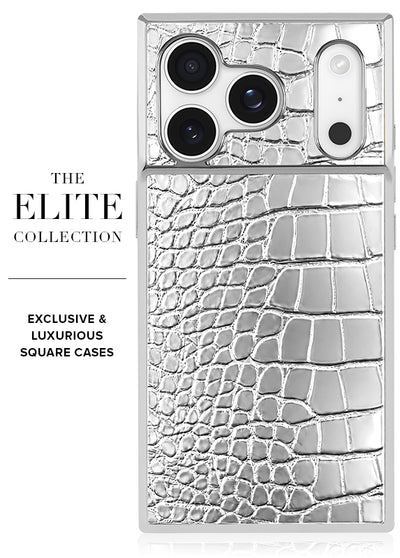 SQUARE Chromed Silver Faux Croc iPhone Case #iPhone 17 Pro + MagSafe