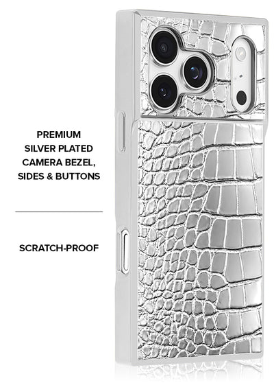 SQUARE Chromed Silver Faux Croc iPhone Case #iPhone 17 Pro + MagSafe