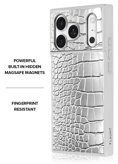 SQUARE Chromed Silver Faux Croc iPhone Case #iPhone 17 Pro + MagSafe