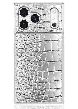 SQUARE Chromed Silver Faux Croc iPhone Case #iPhone 17 Pro Max + MagSafe